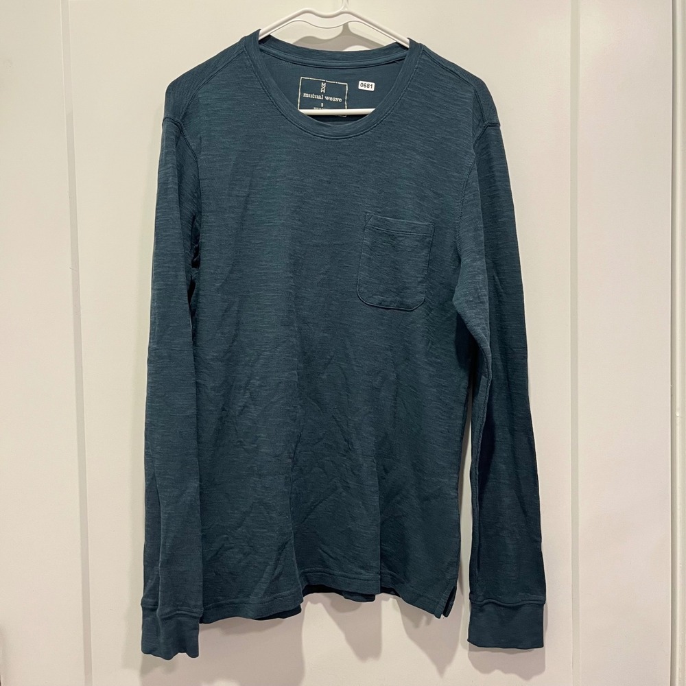 Mutual Weave Men Small Long Sleeve Pocket Tee Teal Blue Slub Knit Crewneck Shirt